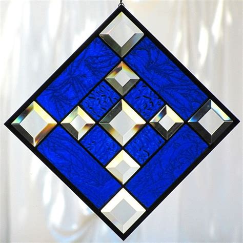 Cobalt Blue Diamond Shaped Beveled Stained Glass Panel