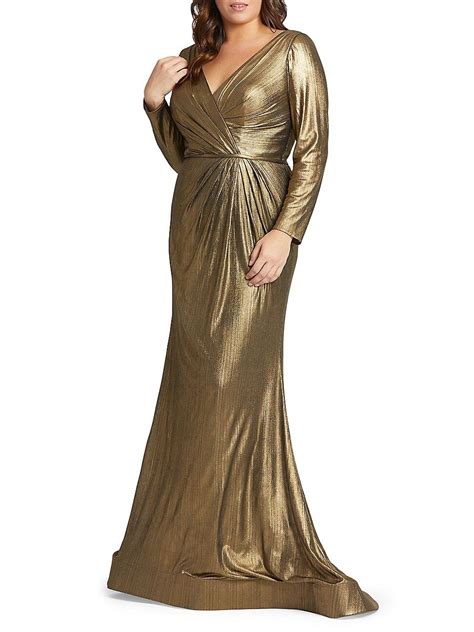 Mac Duggal Womens Plus Size Metallic Wrap Front Gown Bronze Editorialist