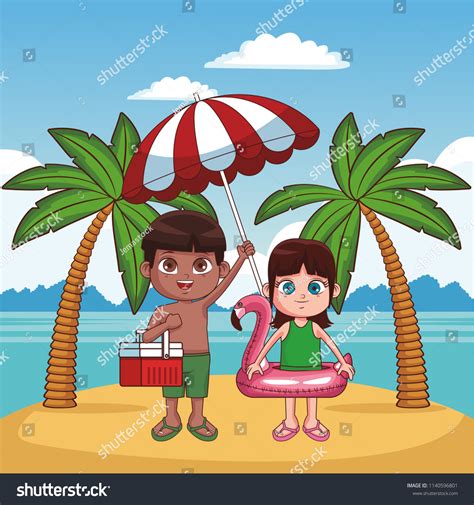 Kids And Beach Cute Cartoons Royalty Free Stock Vector 1140596801