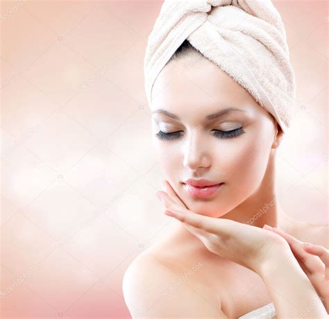 Beautiful Girl After Bath Touching Her Face Skincare Stock Photo Subbotina