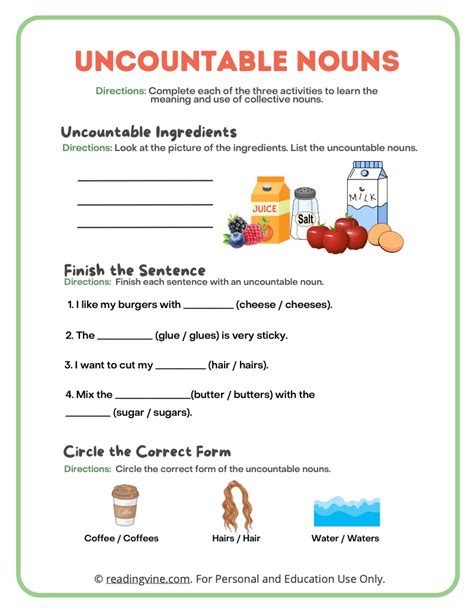 Countable And Uncountable Nouns Worksheets Examples