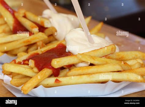French Fries With Mayonnaise And Ketchup Stock Photo Alamy