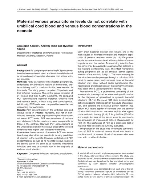 Pdf Maternal Venous Procalcitonin Levels Do Not Correlate With