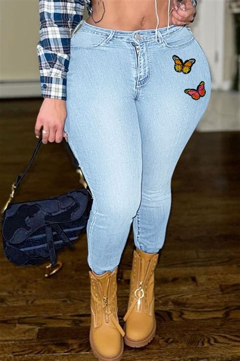Fashion Light Blue Casual Solid Embroidered Patchwork High Waist Denim Jeans For Sale