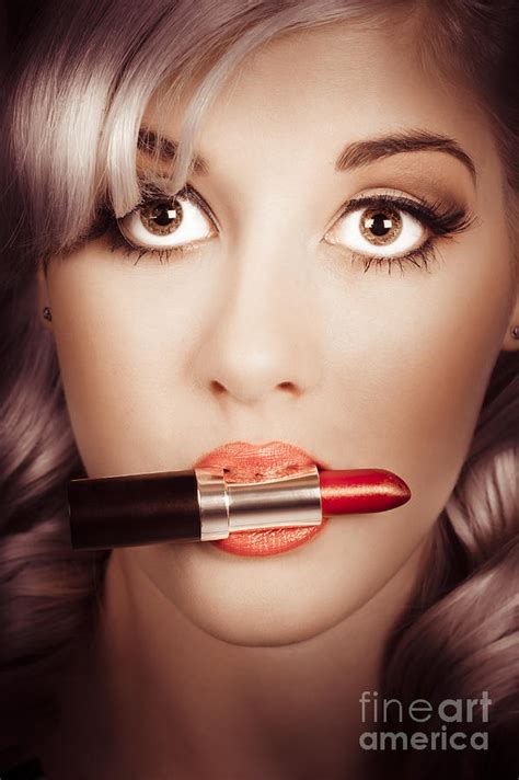 Surprised Pinup Girl With Lipstick Makeup In Mouth Photograph By Jorgo