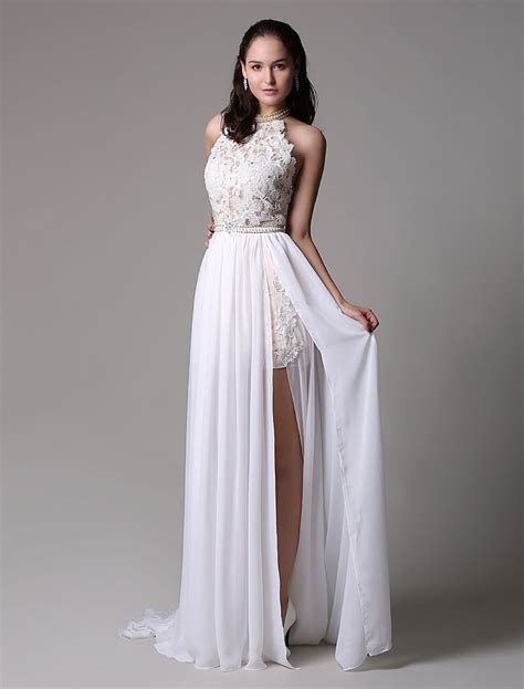 White Prom Dresses Long Ivory Halter Sexy Backless Evening Dress Lace Applique Beading Chiffon