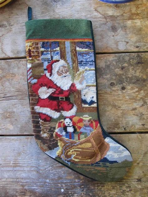 finished needlepoint christmas stocking with santa design ebay needlepoint christmas