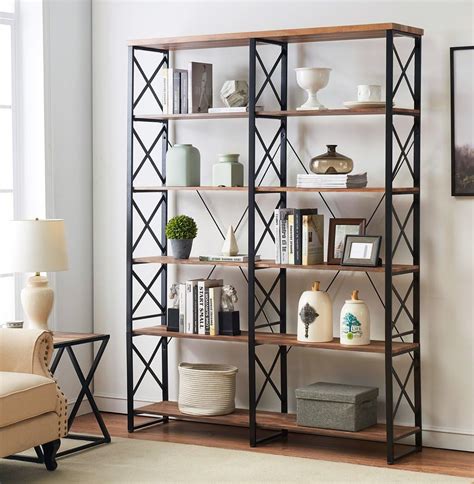Oandk Furniture 807” Double Wide 6 Shelf Bookcase Industrial Large Open