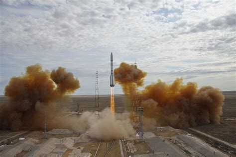 Russian Proton M Rocket Carrying A Spacecraft Lifts Off From Baikonur