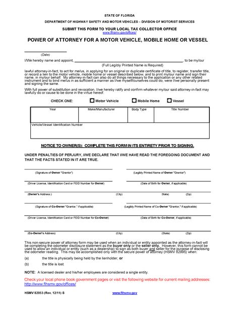 Free Florida Motor Vehicle Power Of Attorney Form Hsmv 82053 Pdf