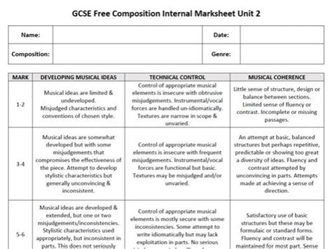 Gcse Music Composition Marking Grid Teaching Resources