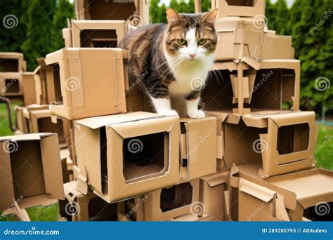 Cardboard Box Maze With Cat Hiding In One Of The Compartments Stock