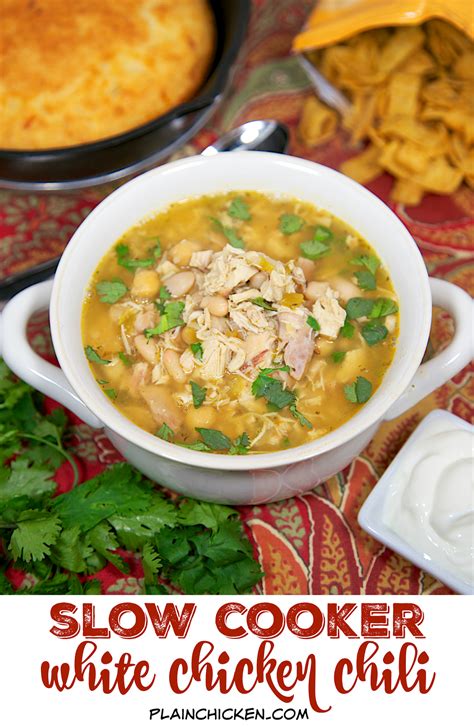 A slow cooker recipe for white chicken chili assembled quickly with chicken thighs, canned beans and zesty tomatoes. {Slow Cooker} White Chicken Chili - Plain Chicken