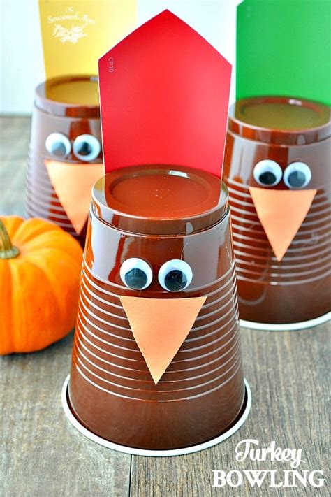 Or, they can let their stuffed animals star as puppets, and hide behind the couch for a dramatic reenactment starring their pretend arrange toilet paper rolls like bowling pins on one end of the hall. Thanksgiving Game: Turkey Bowling - The Seasoned Mom