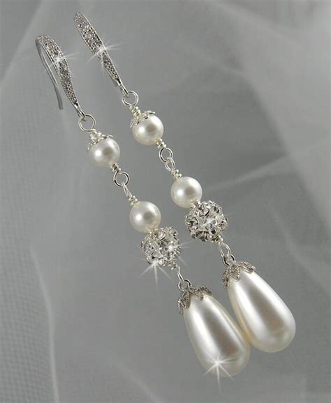 Items Similar To Wedding Earrings Long Pearl Dangle Rhinestone Wedding