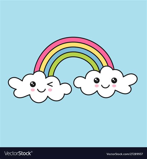 Colorful Rainbow And Clouds With Cute Faces Vector Image