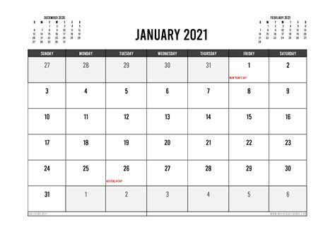 Printable January 2021 Calendar Australia