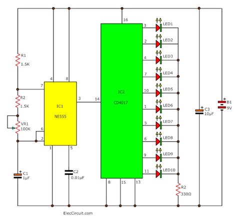 Led Chaser Circuit By Ic 4017 Ic 555
