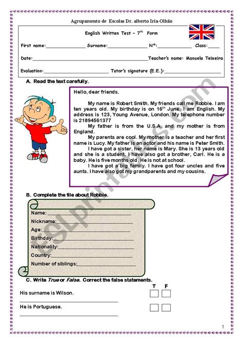 7th Grade English Test Esl Worksheet By Manuelavalentim
