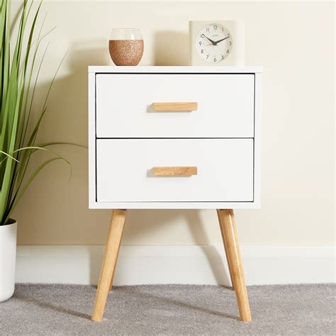 Hartleys 2 Drawer White Bedside Table Wood Legs Scandinavian Retro