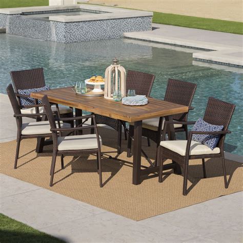 Landon Outdoor 7 Piece Dining Set With Teak Finished Wood Table And