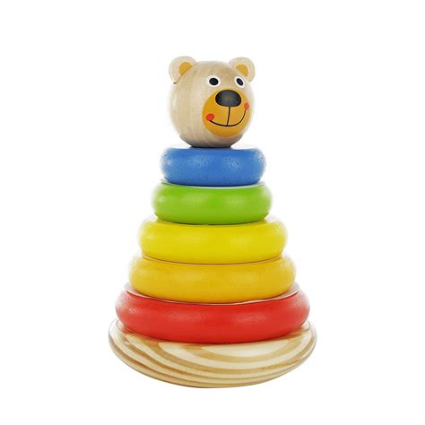 Bear Wooden Ring Colorful Rainbow Stacker Solid Wood Educational Baby