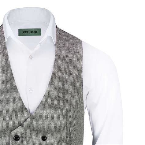 Mens Tweed Waistcoats Double Breasted Vintage Herringbone Check Peaky