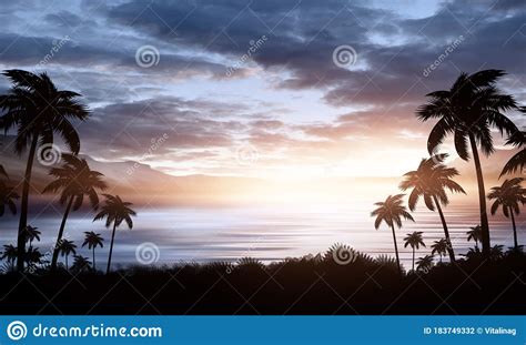 Night Landscape With Palm Trees Against The Backdrop Of A