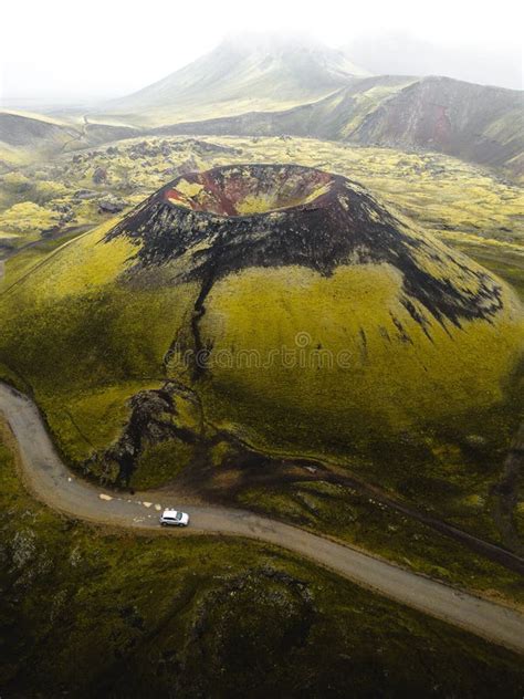 Aerial View Of Laki Volcano Surrounded By Greenery Hills With Road In