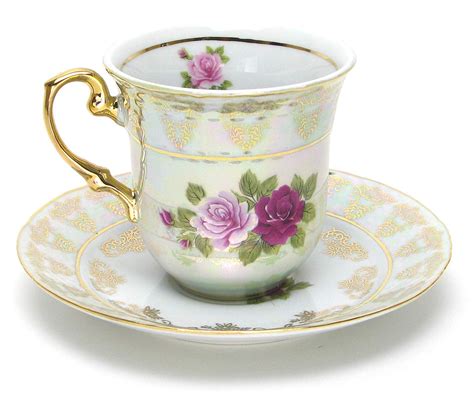 Euro Porcelain 12 Pc Roses Tea Cup And Saucer Coffee Set 8 Oz White Pearlescent Floral