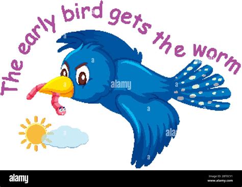 English Idiom With Picture Description For Early Bird Gets The Worm On