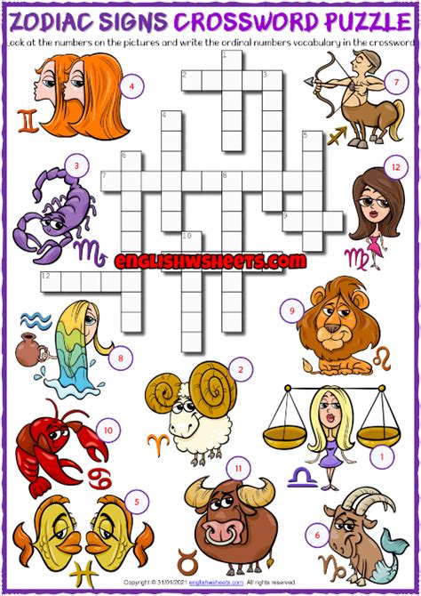 Zodiac Signs Esl Printable Crossword Puzzle Worksheet