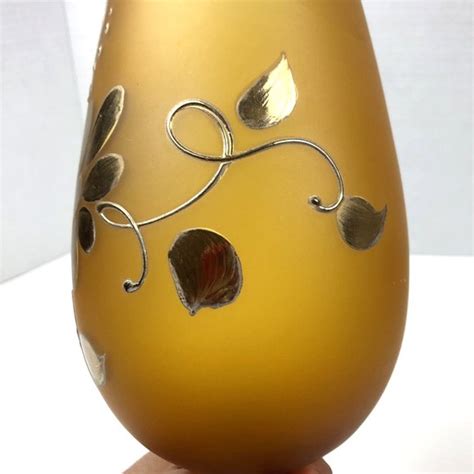 Amber Accents Vintage Mid Century Amber Frosted Glass Vase With Hand Painted Flowers High