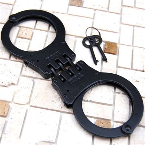 Professional Double Lock Black Steel Hinged Police Handcuffs W Keys