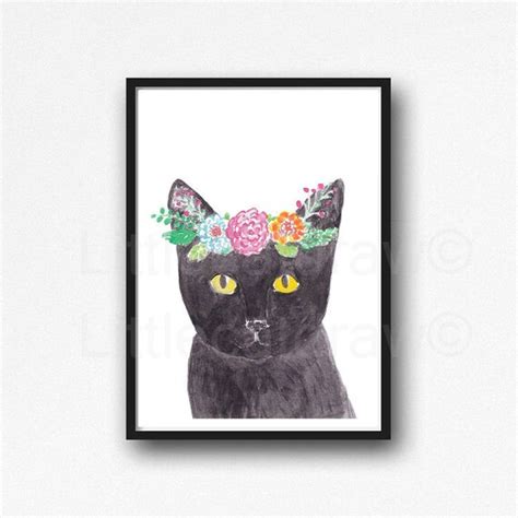 Cat Print Cat Wearing A Floral Crown Watercolor Painting Wall Etsy