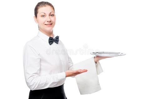 Young Waitress Holding A Tray Of Empty Stock Image Image Of