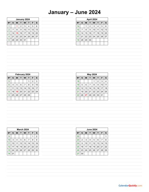 2024 Calendar January To June 2024 Calendar Printable