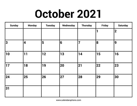 October 2021 Calendar Calendar Options
