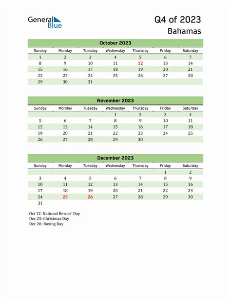 Quarterly Calendar 2023 With Bahamas Holidays