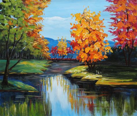 Colorful Trees Along The River Oil Painting Landscape Impressionism 20