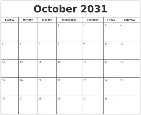 October 2031 Print Free Calendar