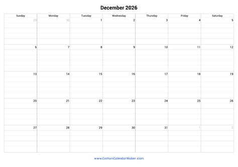 December 2026 Fillable Calendar Grid With Lines
