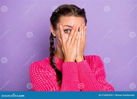 Photo Of Scared Shocked Young Woman Hold Hands Cover Face Peek Eye