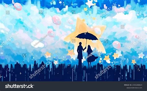 Cute Anime Couple Umbrella Digital Art Stock Illustration 2191268623
