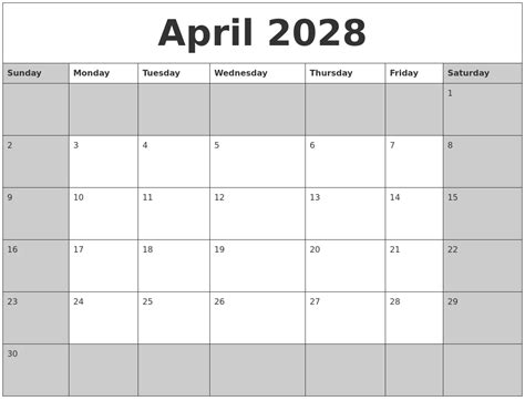 April 2028 Calanders