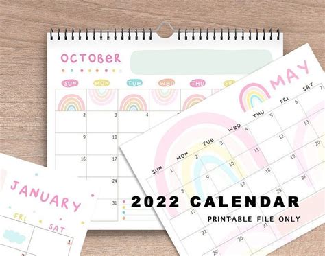2022 Calendar Printable Boho Rainbow Calendar Desktop Calendar Wall