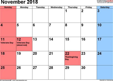 November 2018 Calendar With Holidays Printable Calendar Template