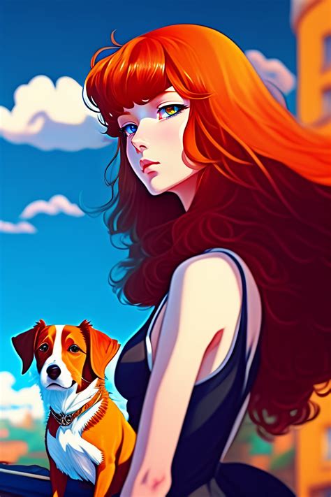lexica blue eyed long haired redhead model next to a jack russel terrier in the style of 90 s