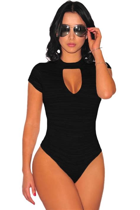 Women Sexy Peep Hole Black Short Sleeve Bodysuit Online Store For Women Sexy Dresses
