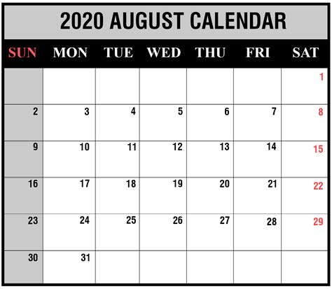 Free Printable August 2020 Calendar Templates Pdfwordexcel Free